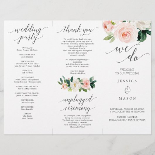 Blushing Blooms Tri-Fold Wedding Programme Flyer (Voorkant)