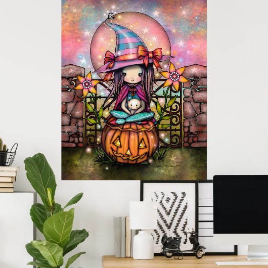 Blushing Moon Cute Witch met Cat Art Poster (Thuiskantoor)