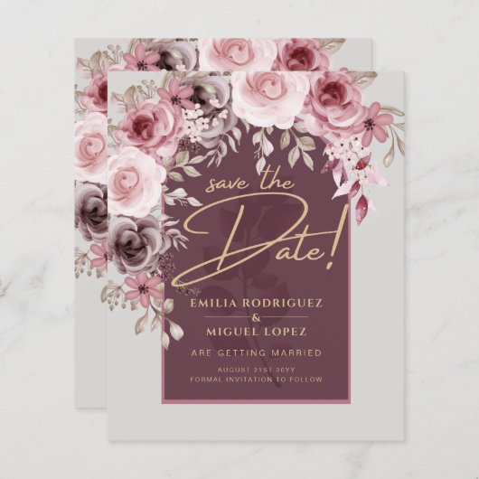 Blushing Pink Maroon Floral Wedding BEWAART DATUM (Voorkant / Achterkant)