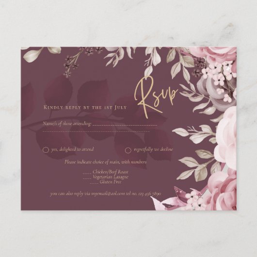 Blushing Pink Maroon Floral Wedding RSVP Briefkaart (Voorkant)