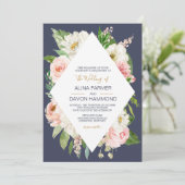 Blushing Roos Blush Pink White Navy Floral Weddens Kaart (Staand voorkant)