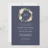 Blushing Roos Navy & White Wreater Monogram Weddin Kaart (Voorkant)