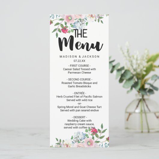 Blushing Roos Waterverf Bloemen Bruiloft Menu (Staand voorkant)