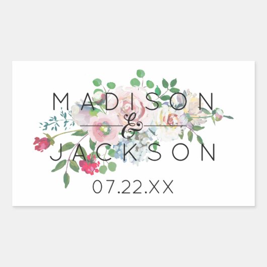 Blushing Roos Waterverf Bloemen Bruiloft Monogram Rechthoekige Sticker (Voorkant)