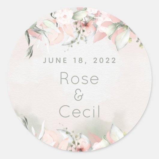 Blushing Rozen Bruiloft Kleine Ronde Sticker (Voorkant)