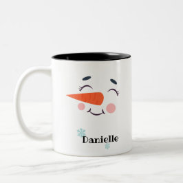 Blushing Snowman Face Persoonlijke naam Holiday Tweekleurige Koffiemok