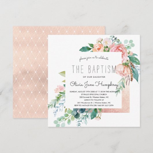 Blushing Summer Floral Baptism Invitation Kaart (Voorkant / Achterkant)