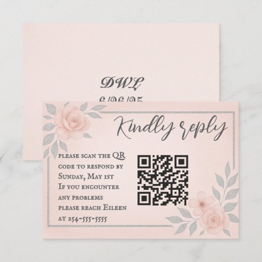 Blushing Vows QR Code Wedding RSVP Card Kaartje (Voorkant / Achterkant)