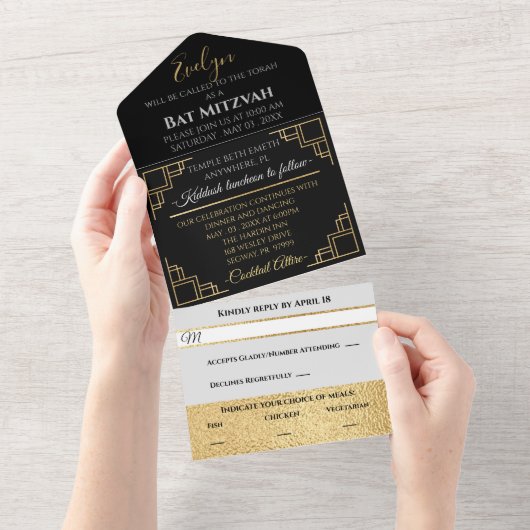 BM Bar Bat Mitzvah Art Deco All In One Uitnodiging (Afscheurbaar)