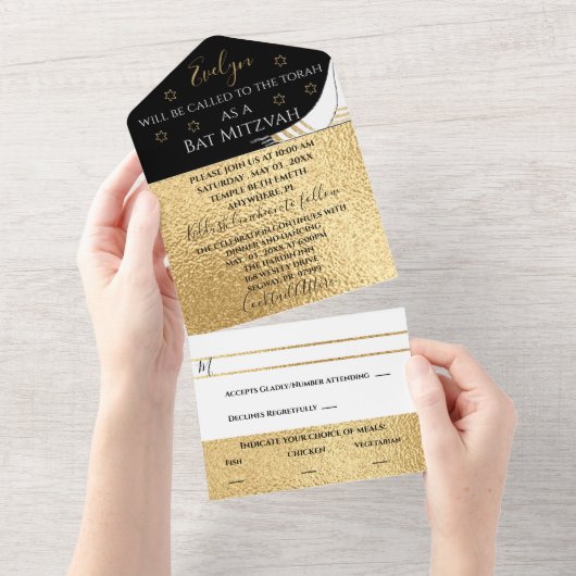 BM Bar Bat Mitzvah Elegant Goud All In One Uitnodiging (Afscheurbaar)