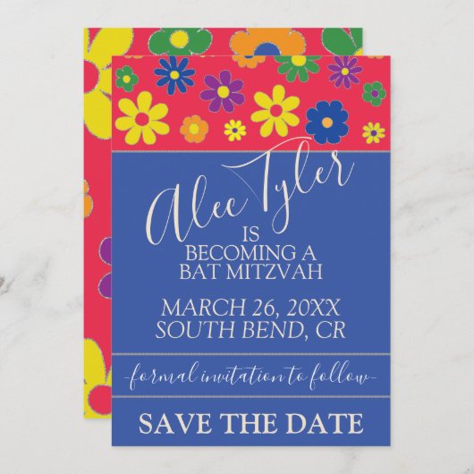 BM Bar Bat Mitzvah Flowery Save The Date (Voorkant / Achterkant)