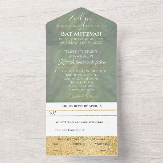 BM Bar Bat Mitzvah Groenen Zilvers All In One Uitnodiging (Binnen)