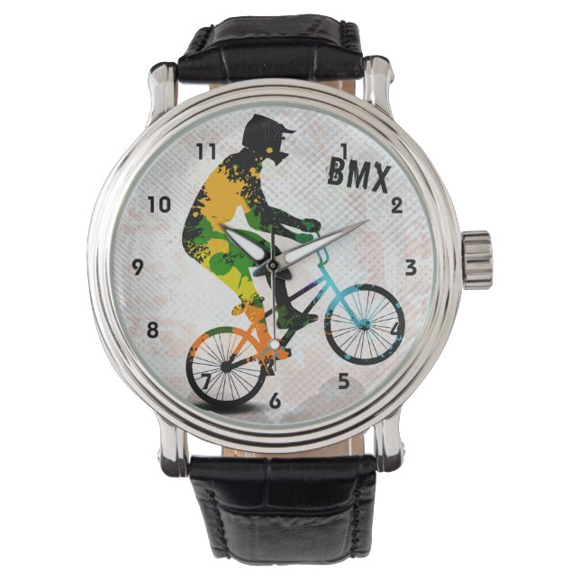 BMX Rider in Abstracte Spletters SQ van de Verf me Horloge (Voorkant)