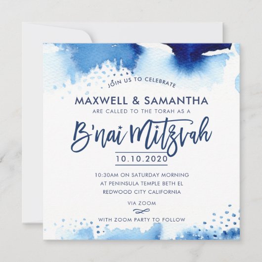 B'NAI MITZVAH INVITATION lettré à la main bleu aqu (Devant)