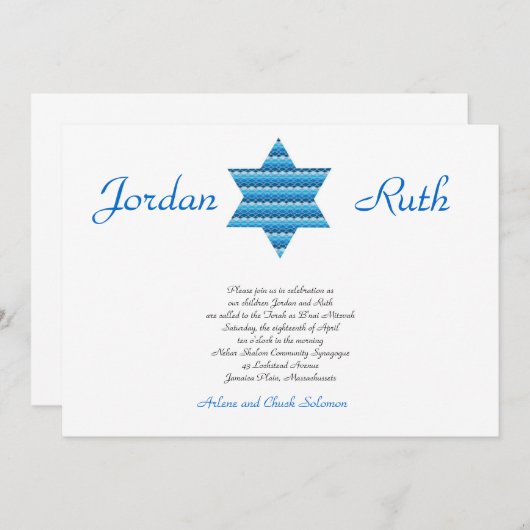 B'nai Mitzvah Invitation Twins Star van David Kaart (Voorkant / Achterkant)