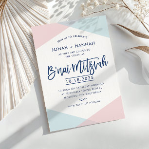 B'NAI MITZVAH moderne minimale script blauwe roze Kaart