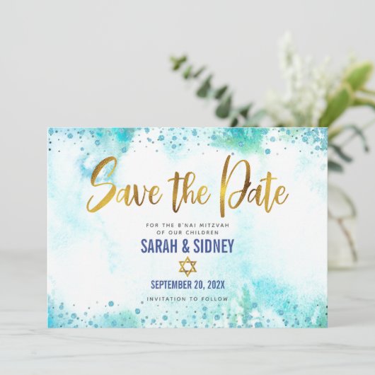 B'nai Mitzvah Turquoise Waterverf Gold Script Save The Date (Staand voorkant)