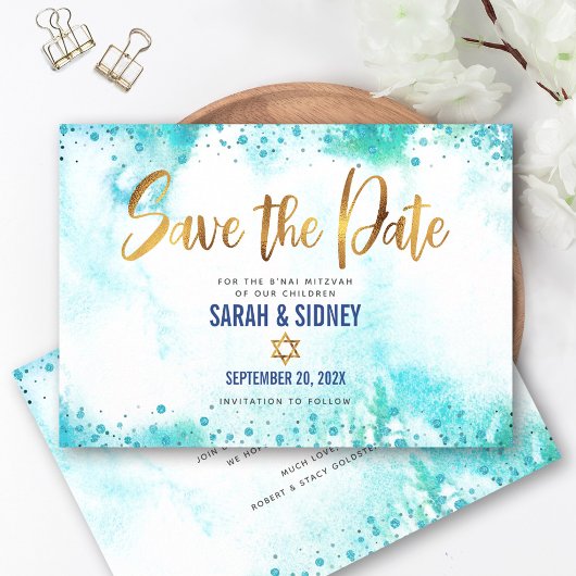B'nai Mitzvah Turquoise Waterverf Gold Script Save The Date