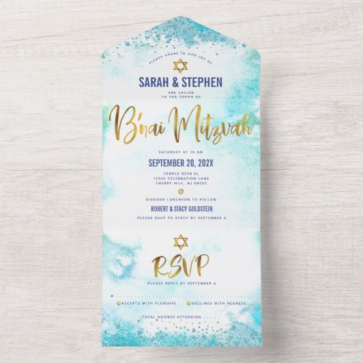 B'nai Mitzvah turquoise waterverf gouden script All In One Uitnodiging (Binnen)