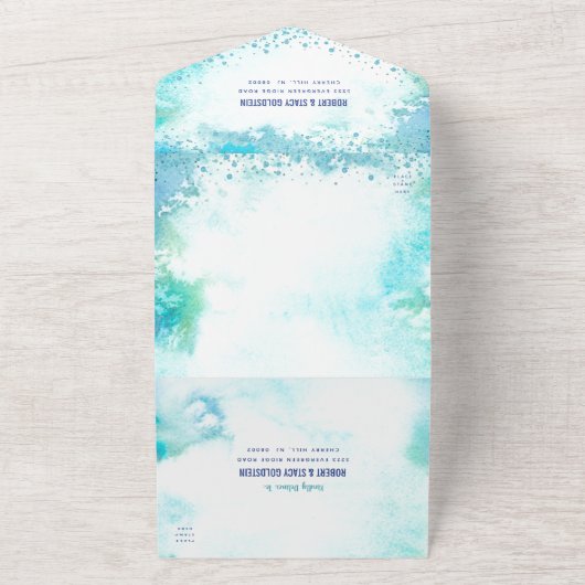 B'nai Mitzvah turquoise waterverf gouden script All In One Uitnodiging (Buitenkant)