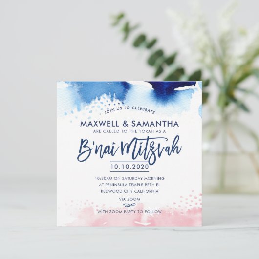 B'NAI MITZVAH waterverf met letters blauw en roze Kaart (Staand voorkant)