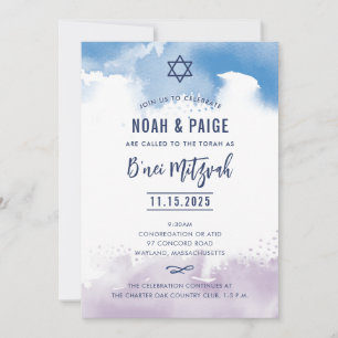 B'NEI MITZVAH script blauw & paarse waterverf 2 Kaart