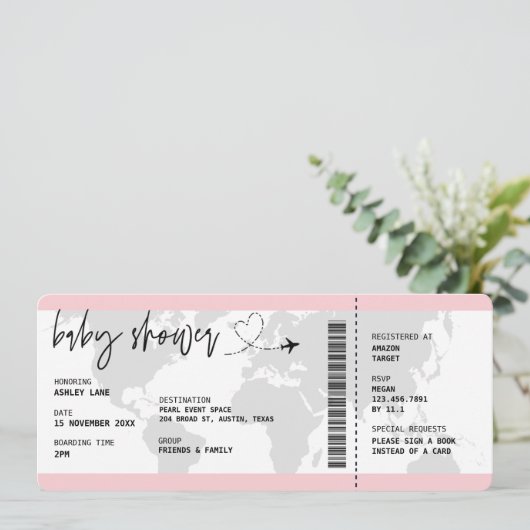 Boarding Pass Baby Girl Travel Baby shower Kaart (Staand voorkant)