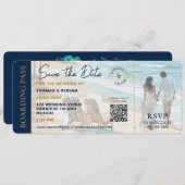 Boarding Pass Beach Save The Date QR Code Wedding Kaart (Voorkant / Achterkant)
