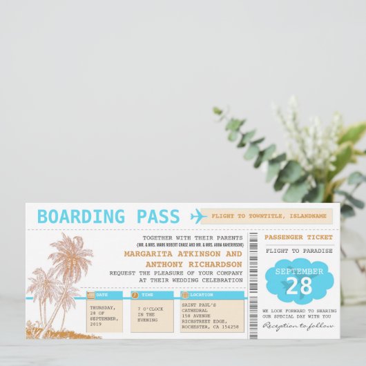 Boarding Pass bestemming Trouwtickets Kaart (Staand voorkant)