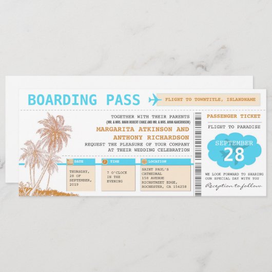 Boarding Pass bestemming Trouwtickets Kaart (Voorkant / Achterkant)