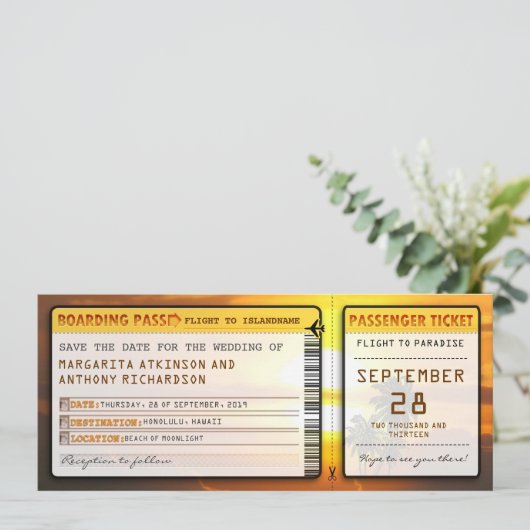 Boarding Pass Bewaar de datumtickets bij zonsonder Save The Date (Staand voorkant)