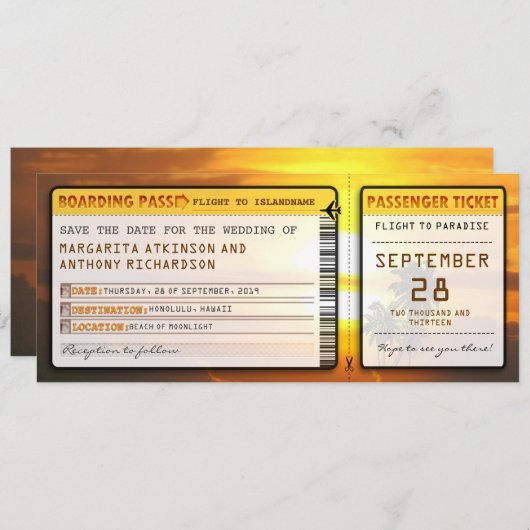 Boarding Pass Bewaar de datumtickets bij zonsonder Save The Date (Voorkant / Achterkant)