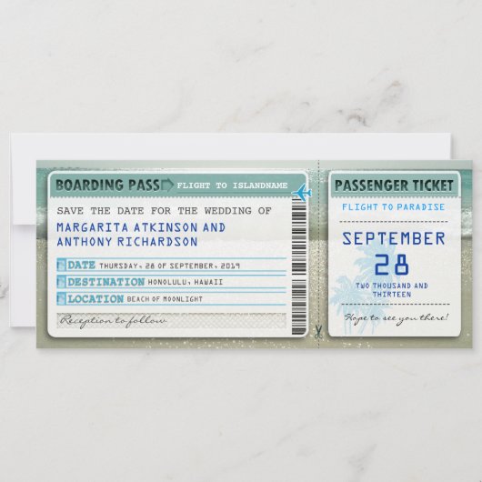 Boarding Pass Bewaar de datumtickets met zee Waves Save The Date (Voorkant)
