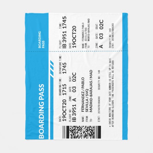 Boarding Pass (blue) Fleece Deken (Voorkant)