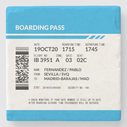 Boarding Pass (blue) Stenen Onderzetter (Voorkant)