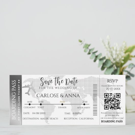 Boarding Pass Destination Wedding QR code grijs Kaart (Staand voorkant)