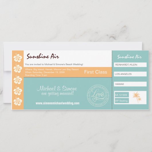 Boarding Pass Faire-part de mariage turquoise oran (Devant)