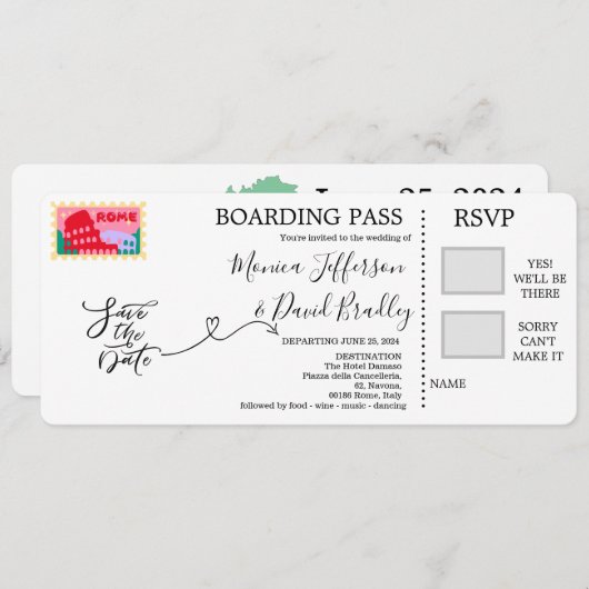 Boarding Pass for bruiloft in Rome, Italië Kaart (Voorkant / Achterkant)