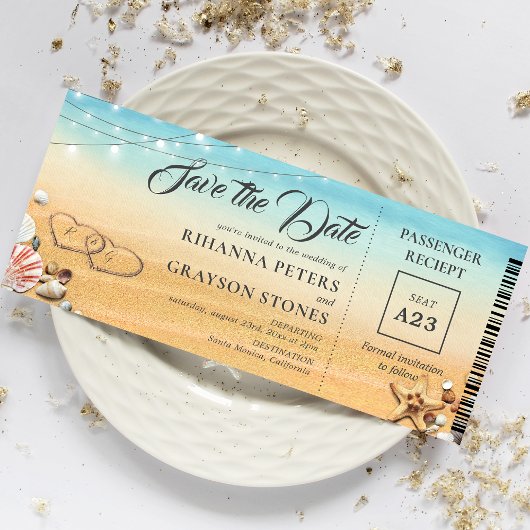 Boarding Pass Hearts in Sand Bewaar de datum Uitno Save The Date