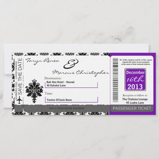Boarding Pass Linen Wedding Invitation Black Purpl Kaart (Voorkant)