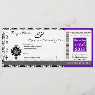 Boarding Pass Linen Wedding Invitation Black Purpl Kaart