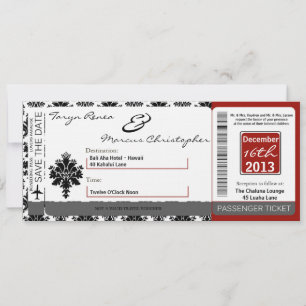 Boarding Pass Linen Wedding Invitation Black Red Kaart