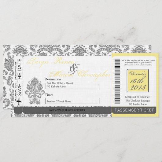 Boarding Pass Linen Wedding Invitation Damask Gray Kaart (Voorkant / Achterkant)