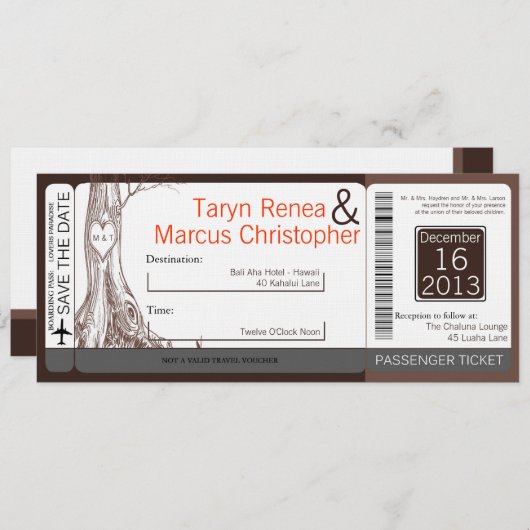 Boarding Pass Linen Wedding Invitation Herfst Tree Kaart (Voorkant / Achterkant)