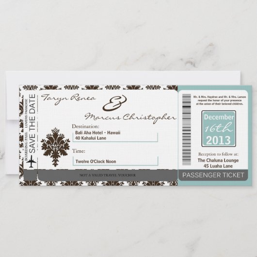 Boarding Pass Linnen bruiloft uitnodiging Bruin Ti (Voorkant)