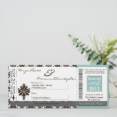 Boarding Pass Linnen bruiloft uitnodiging Bruin Ti (Staand voorkant)