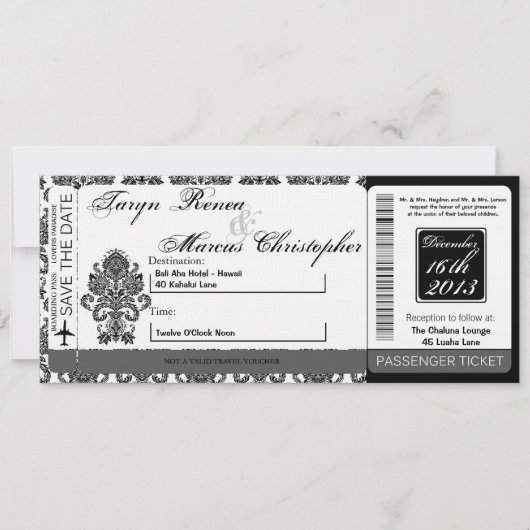 Boarding Pass Linnen bruiloft uitnodiging Damask B (Voorkant)
