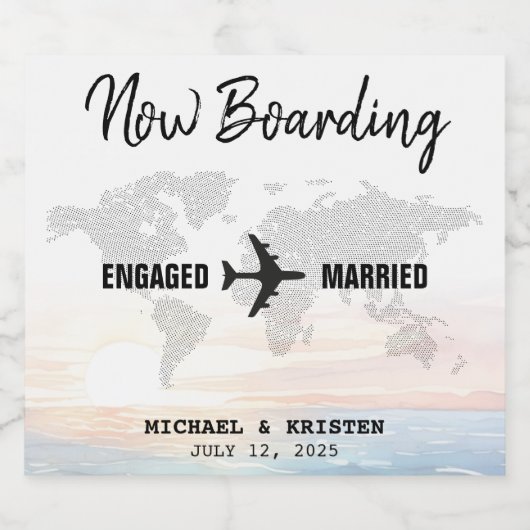 Boarding Pass Ocean Sunset Destination Wedding Sparkling Wijnetiket (Enkel label)