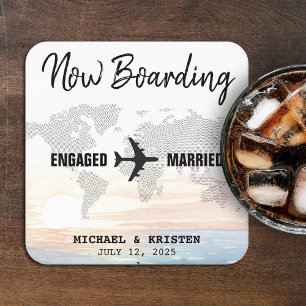 Boarding Pass Ocean Sunset Destination Wedding Vierkante Kartonnen Onderzetter