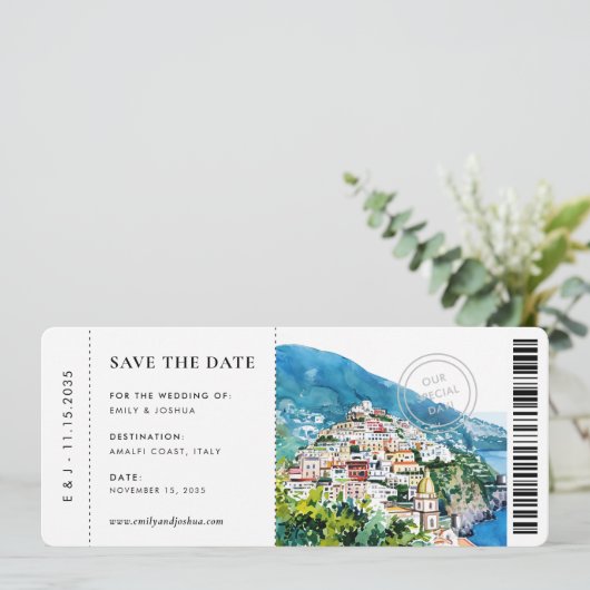 Boarding Pass Positano Amalfi kust bruiloft Save The Date (Staand voorkant)